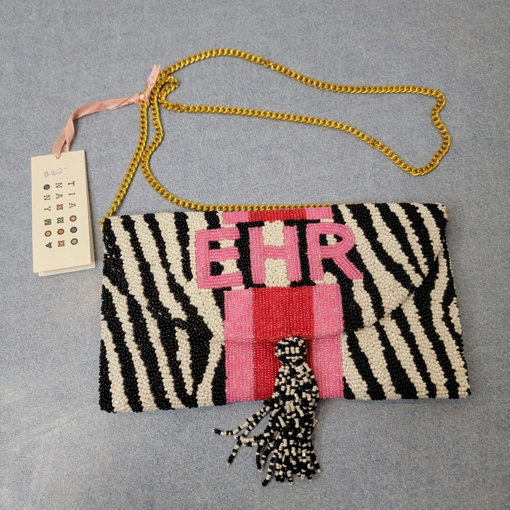 Tiana New York Beaded Half Flap Clutch Purse Zebra Stripe Print Black White Pink